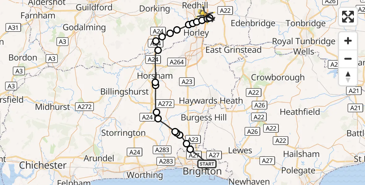 Flight route Police Helicopter Brighton - South Nutfield, 21 October 2026, 14:09