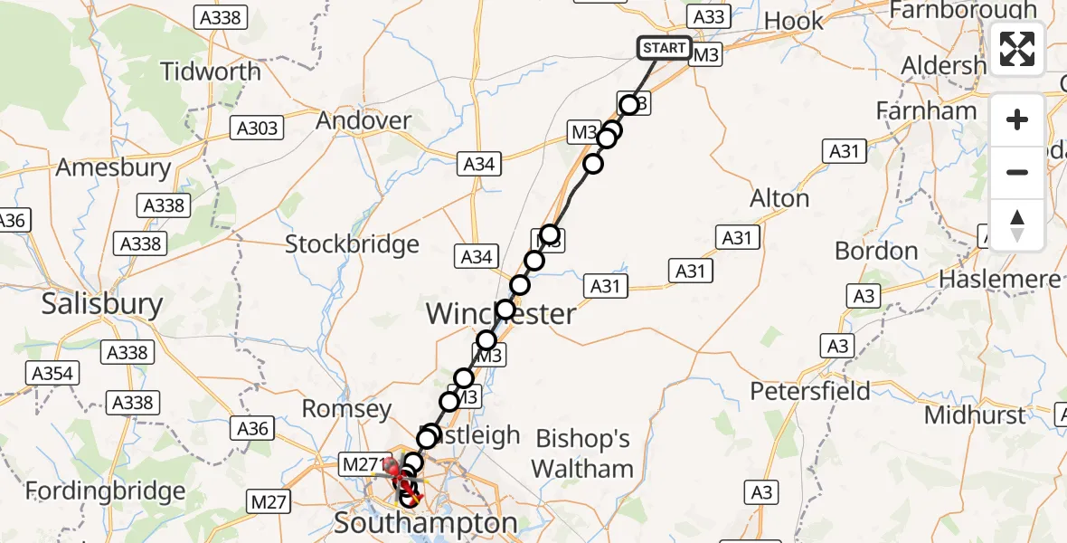 Flight route Air Ambulance Helicopter Basingstoke - University Hospital Southampton, 21 October 2026, 14:18