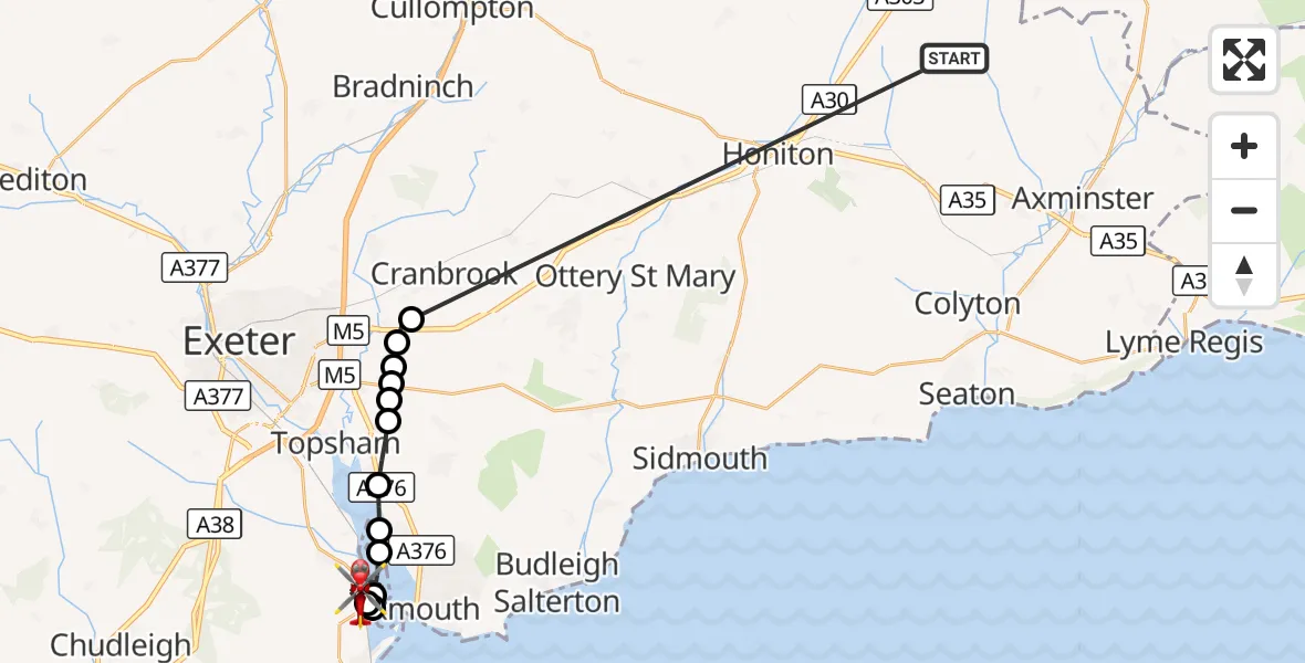 Flight route Air Ambulance Helicopter Stockland - Starcross, 21 October 2026, 14:19