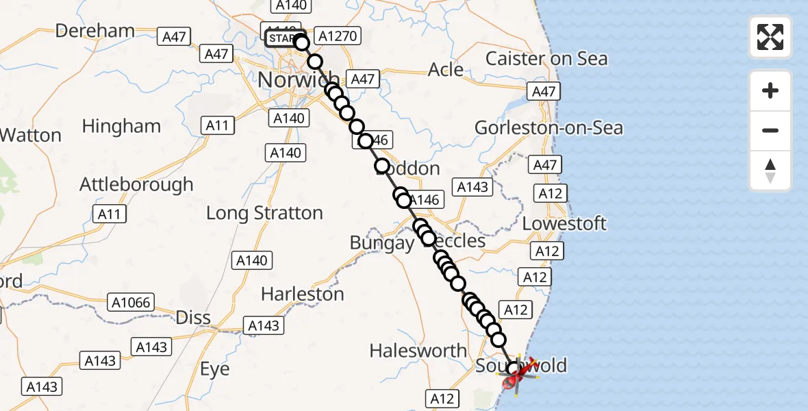 Flight route Air Ambulance Helicopter Norwich Airport - Southwold, 21 October 2026, 14:19