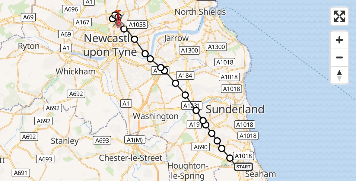 Flight route Air Ambulance Helicopter Seaham - Jesmond, 21 October 2026, 14:22