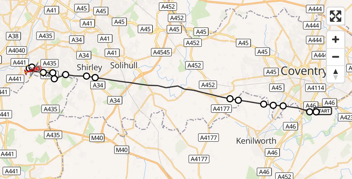 Flight route Air Ambulance Helicopter Coventry Airport - Brandwood End, 21 October 2026, 14:31