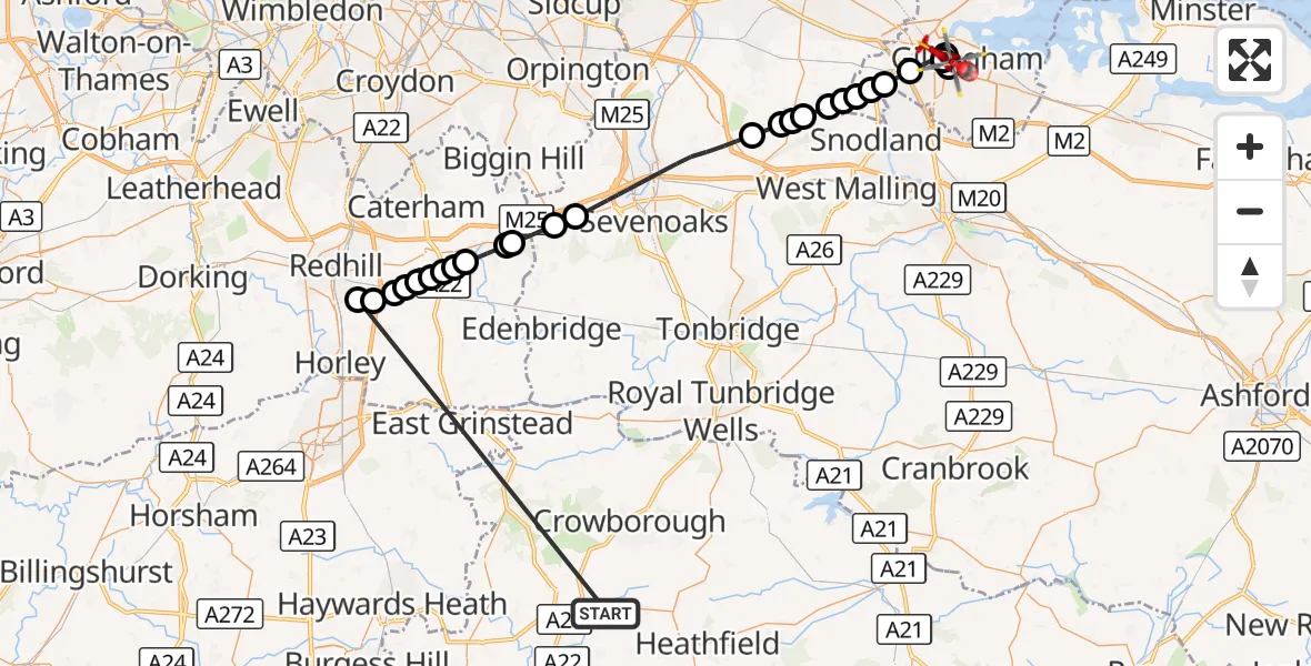 Flight route Air Ambulance Helicopter Buxted - Frindsbury, 21 October 2026, 14:33