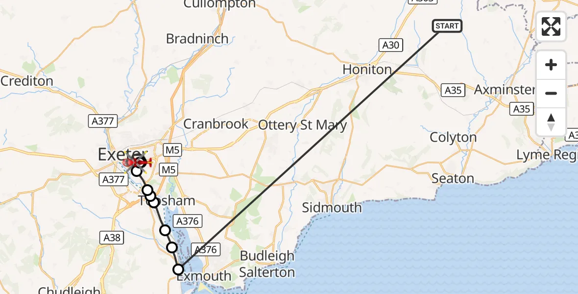 Flight route Air Ambulance Helicopter Stockland - Royal Devon & Exeter Hospital, 21 October 2026, 14:49