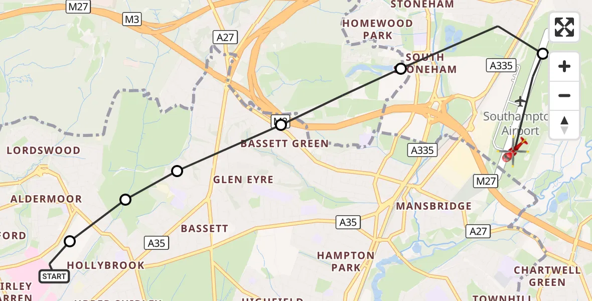 Flight route Air Ambulance Helicopter University Hospital Southampton - Southampton Airport, 21 October 2026, 14:55