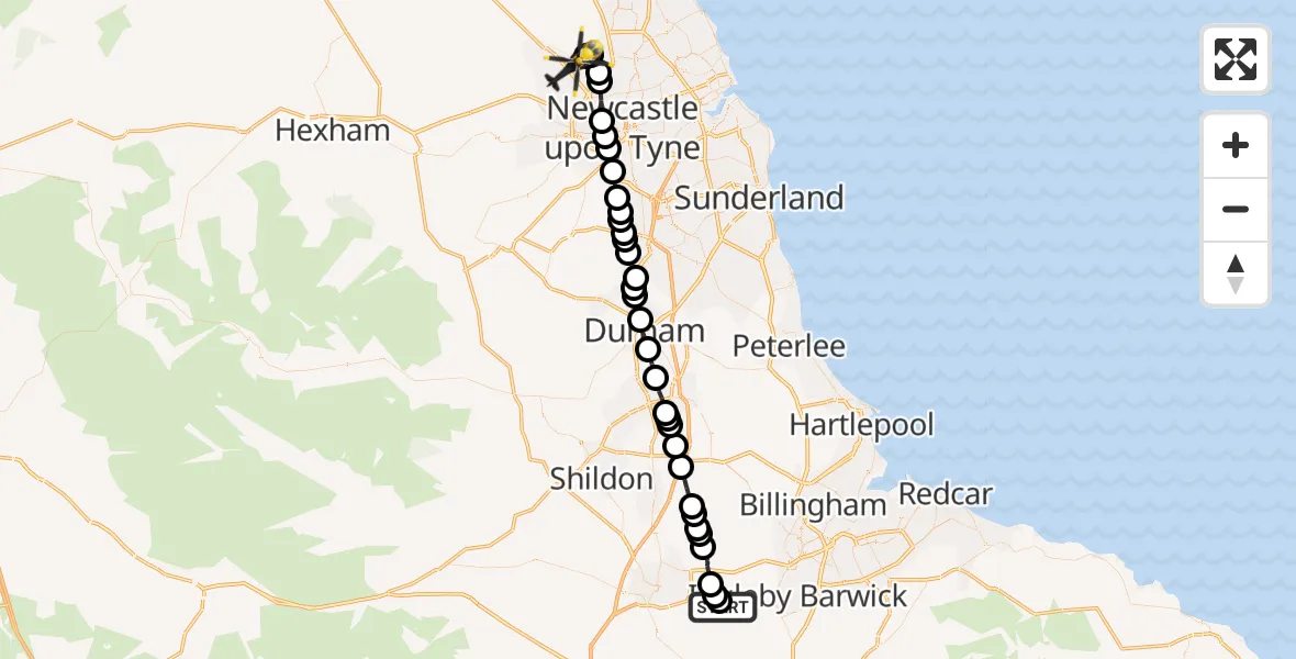 Flight route Police Helicopter Teesside International Airport - Newcastle International Airport, 21 October 2026, 14:56