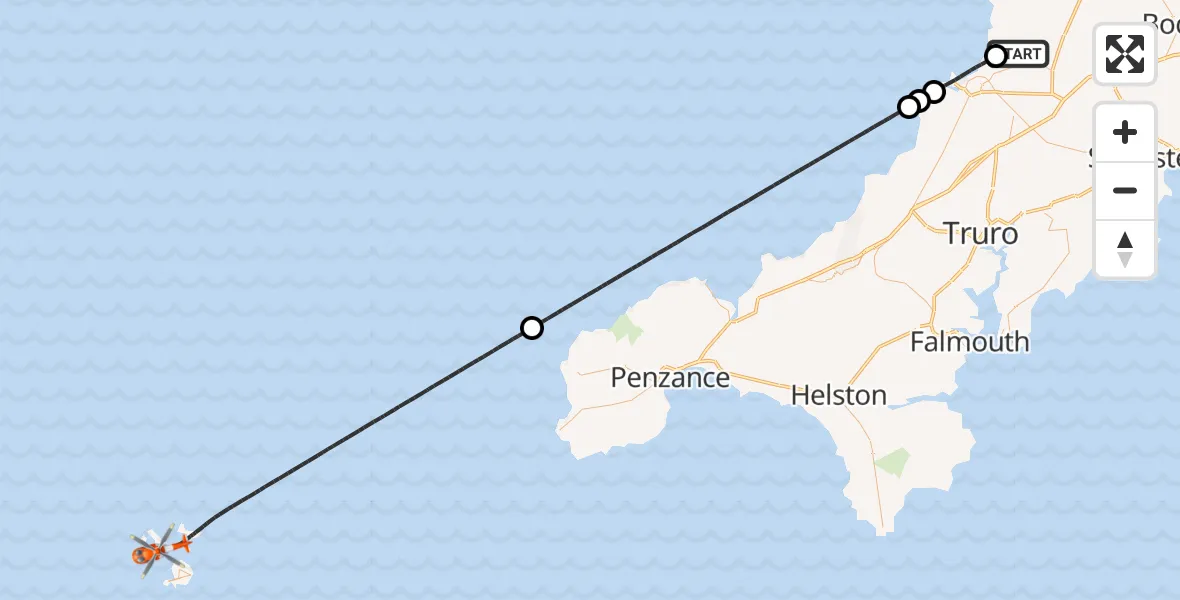 Flight route Coastguard Helicopter Cornwall Airport Newquay - North Atlantic Ocean, 21 October 2026, 14:58