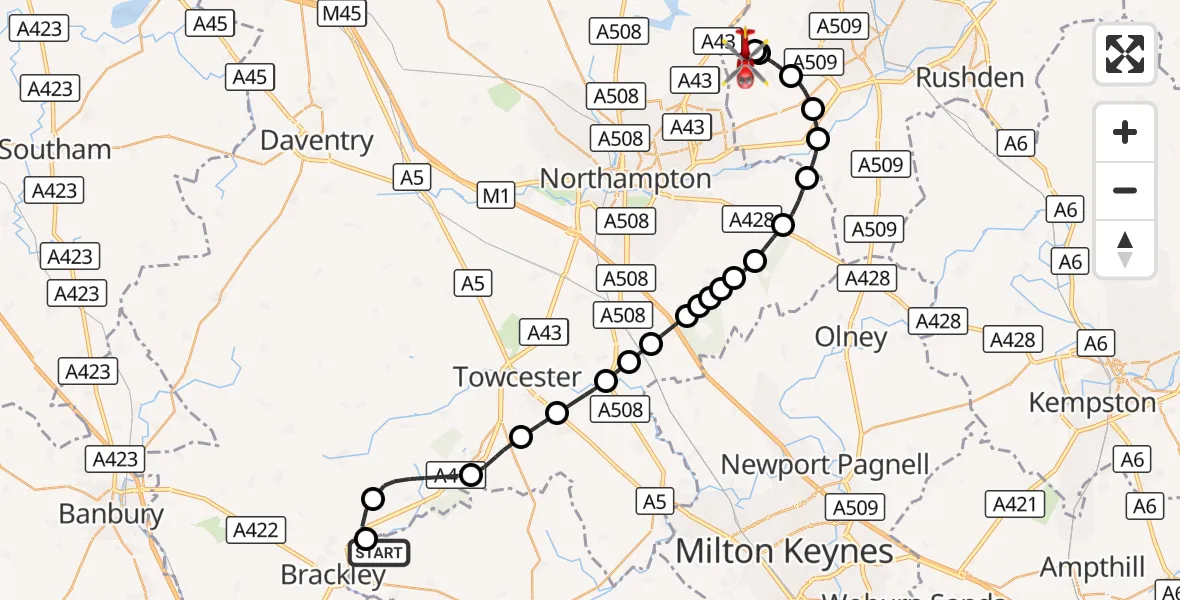 Flight route Air Ambulance Helicopter Turweston Aerodrome - Sywell Aerodrome, 21 October 2026, 15:19