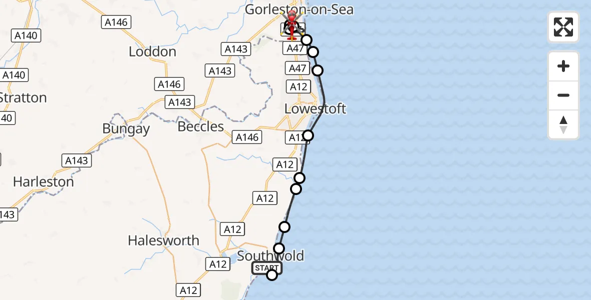Flight route Air Ambulance Helicopter Southwold - James Paget Hospital, 21 October 2026, 15:19