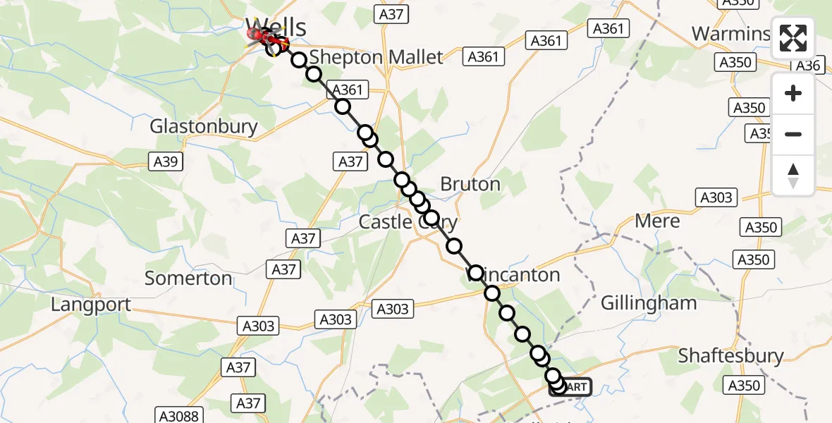 Flight route Air Ambulance Helicopter Henstridge Airfield - Wells, 21 October 2026, 15:21