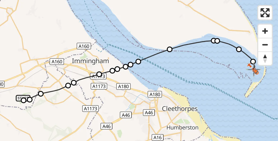 Flight route Coastguard Helicopter Humberside Airport - North Sea, 21 October 2026, 15:34