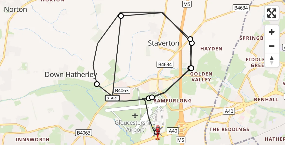 Flight route Air Ambulance Helicopter Gloucestershire Airport - Tewkesbury, 21 October 2026, 15:35