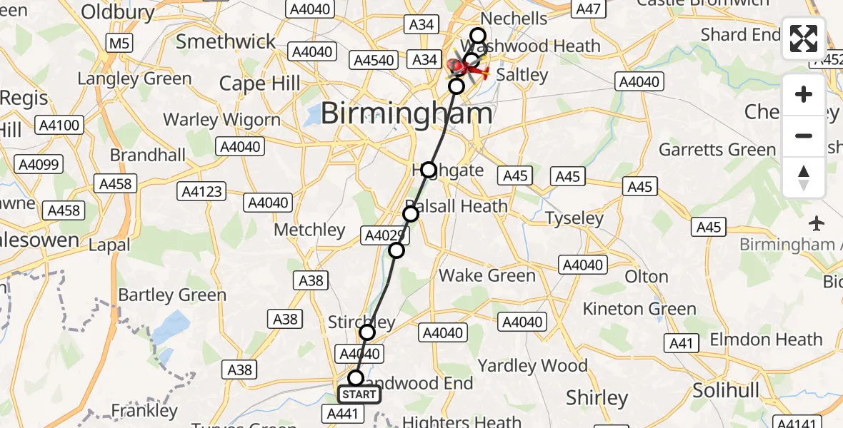 Flight route Air Ambulance Helicopter Lifford - Aston, 21 October 2026, 15:36