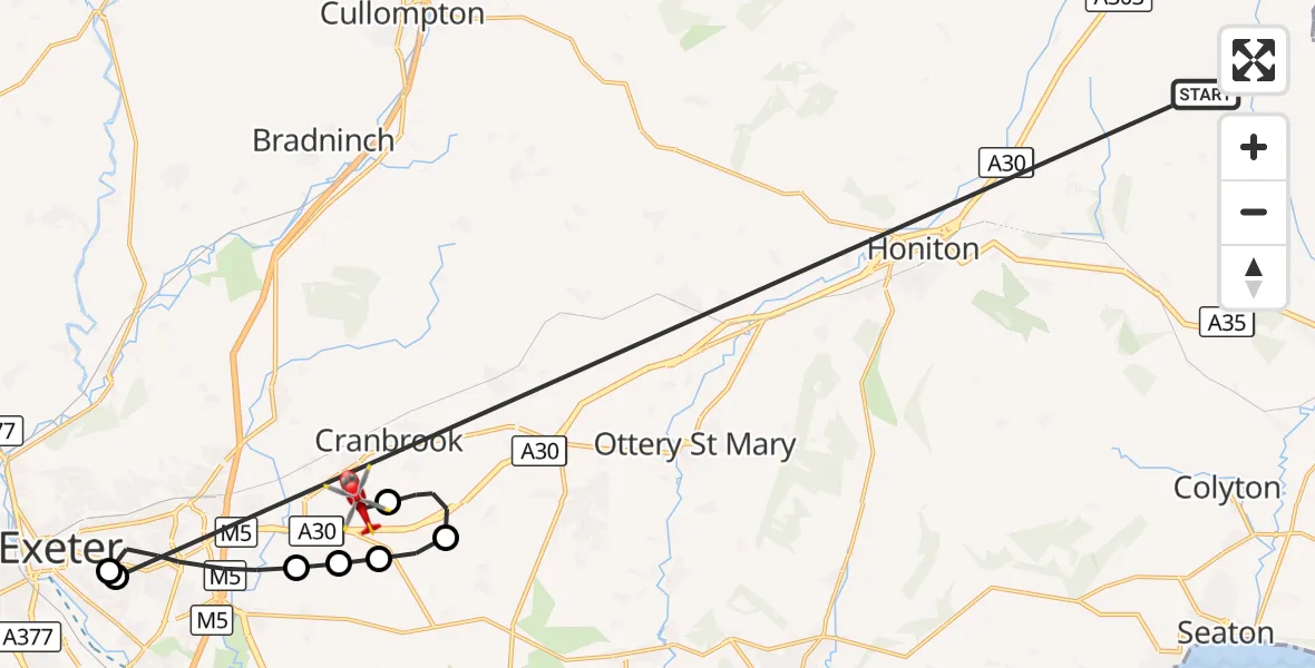 Flight route Air Ambulance Helicopter Stockland - Exeter International Airport, 21 October 2026, 15:40