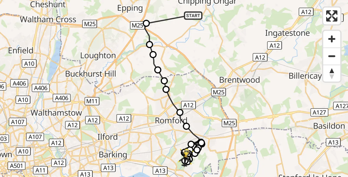 Flight route Police Helicopter Stanford Rivers - RAF Hornchurch, 21 October 2026, 15:40