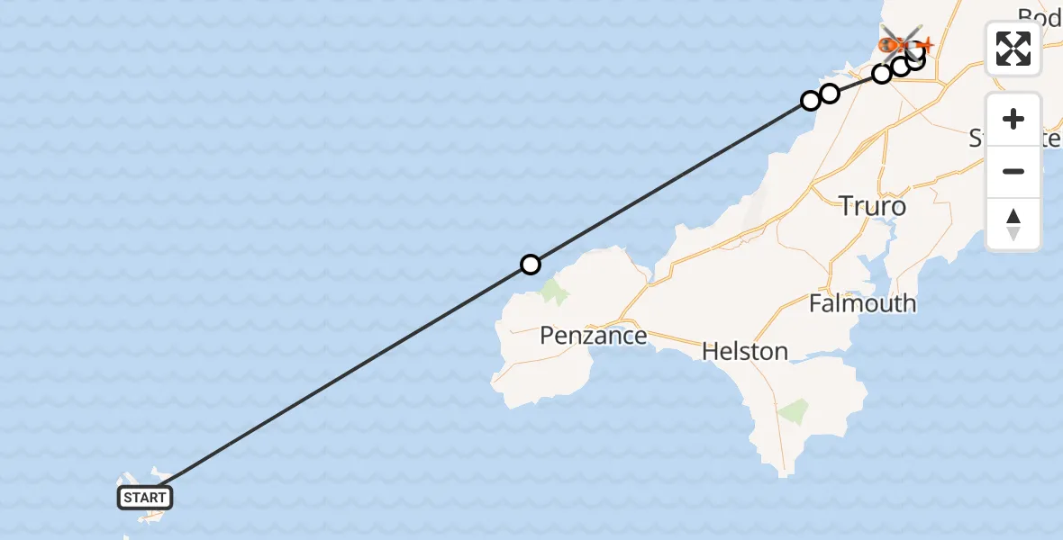 Flight route Coastguard Helicopter North Atlantic Ocean - Cornwall Airport Newquay, 21 October 2026, 15:58