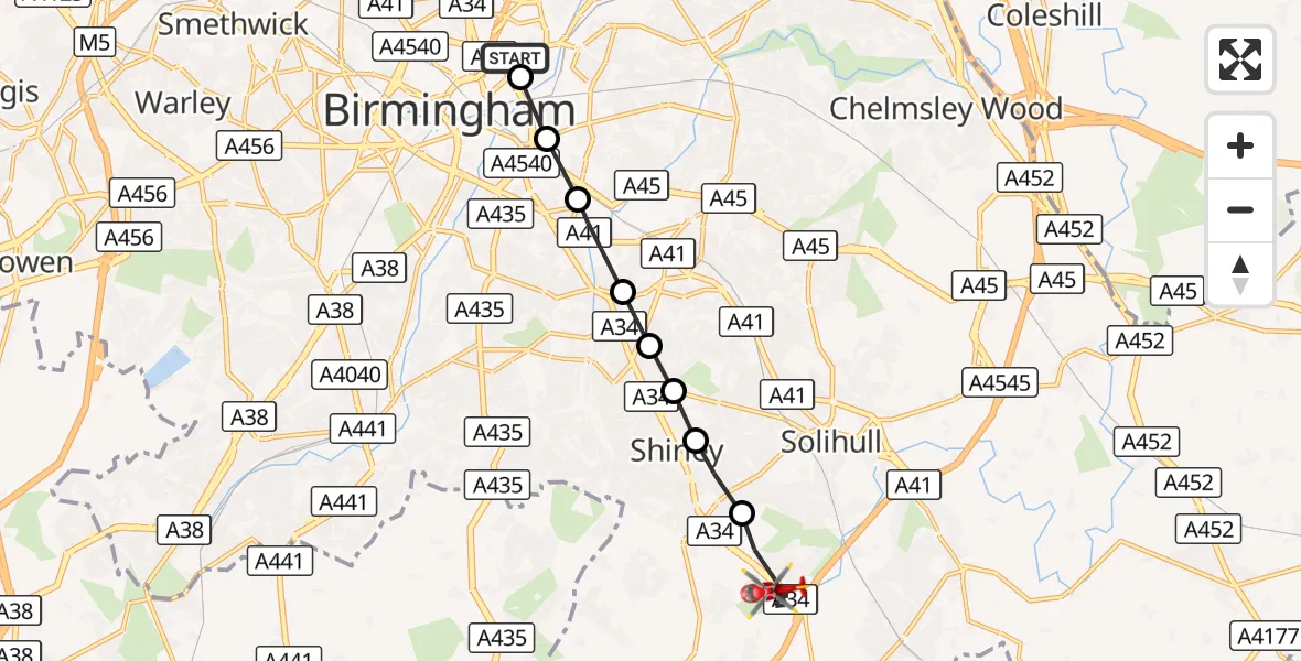Flight route Air Ambulance Helicopter Nechells - Solihull, 21 October 2026, 15:59