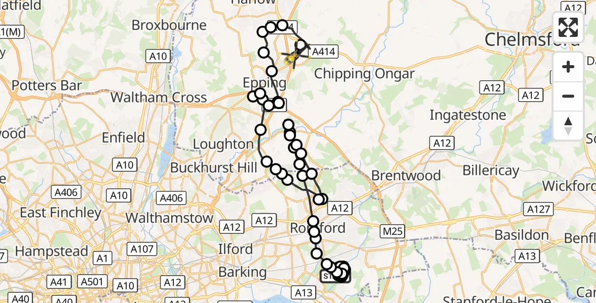Flight route Police Helicopter RAF Hornchurch - North Weald Airfield, 21 October 2026, 16:02