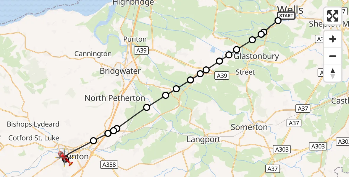 Flight route Air Ambulance Helicopter Wells - Musgrove Hospital, 21 October 2026, 16:13