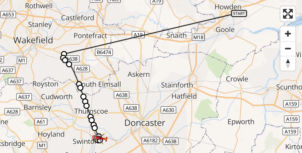 Flight route Air Ambulance Helicopter Balkholme - Old Denaby, 21 October 2026, 16:18