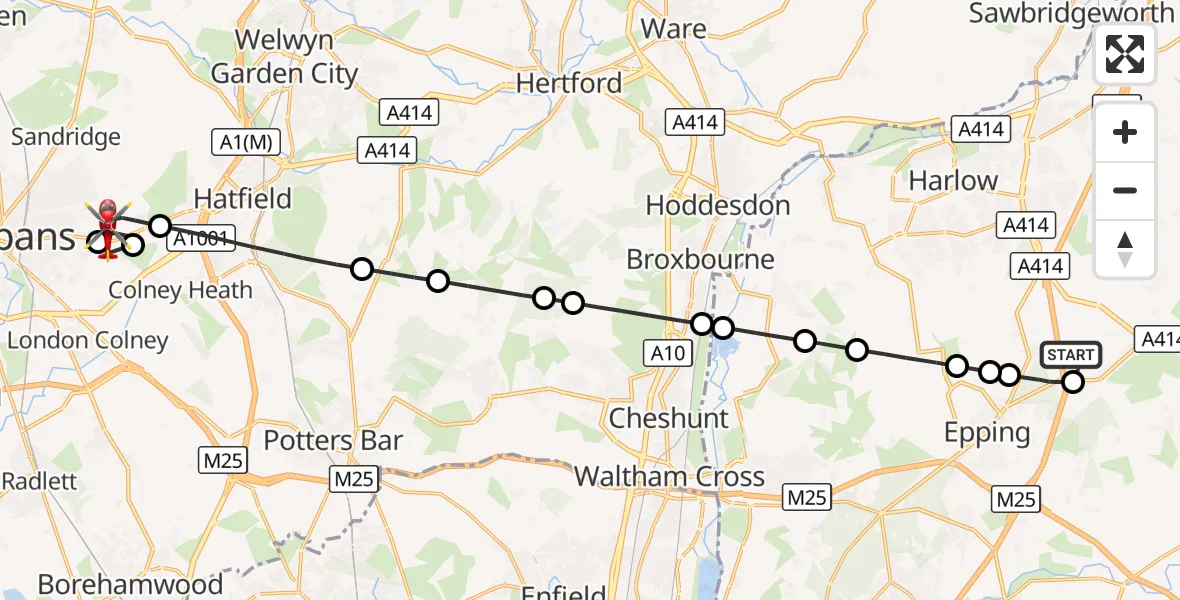 Flight route Air Ambulance Helicopter North Weald Airfield - Colney Heath, 21 October 2026, 16:20