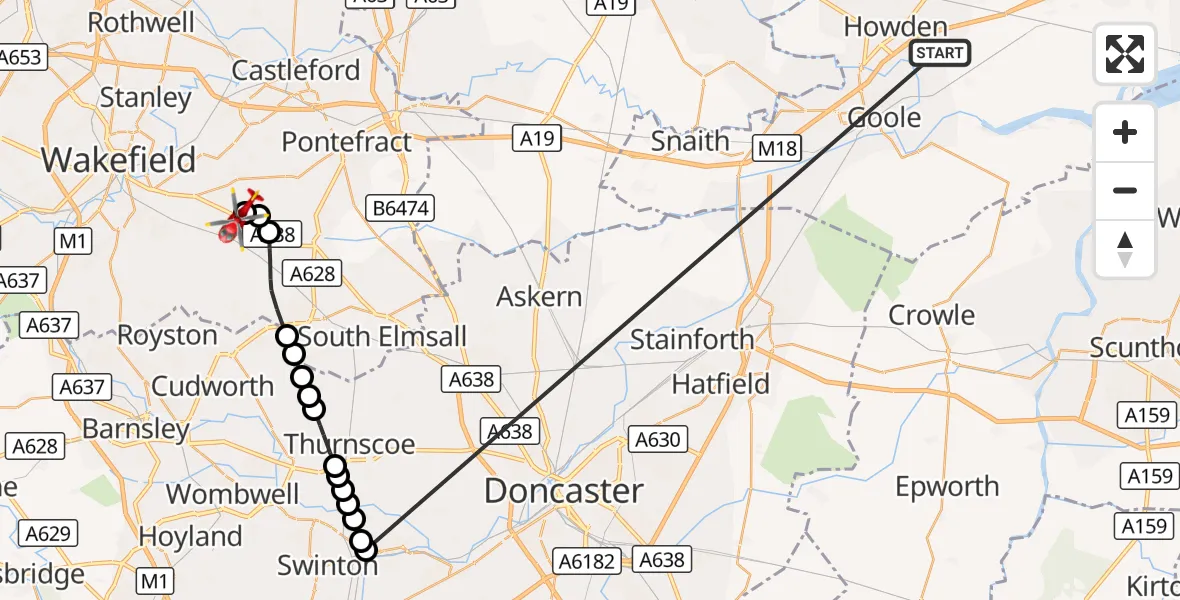 Flight route Air Ambulance Helicopter Balkholme - YAA Nostell Helicopter Port, 21 October 2026, 16:30