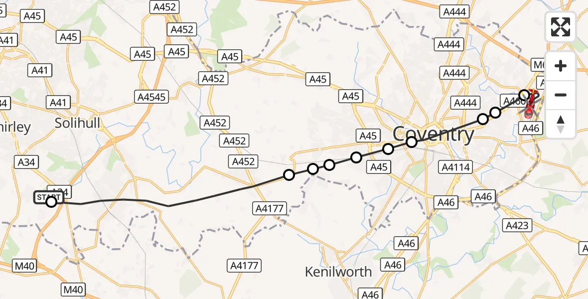 Flight route Air Ambulance Helicopter Solihull - University Hospital Coventry, 21 October 2026, 16:38