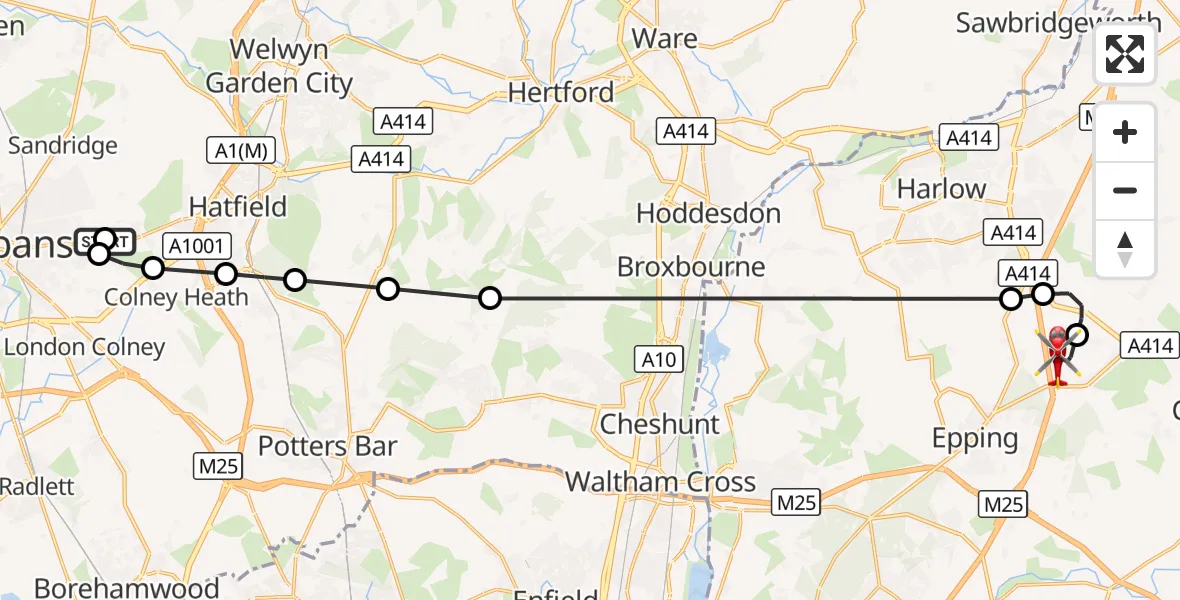 Flight route Air Ambulance Helicopter Sandridge - North Weald Airfield, 21 October 2026, 16:50
