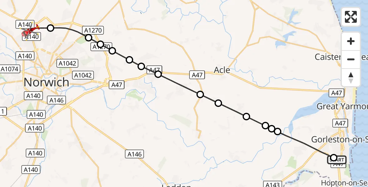 Flight route Air Ambulance Helicopter James Paget Hospital - Norwich Airport, 21 October 2026, 16:50