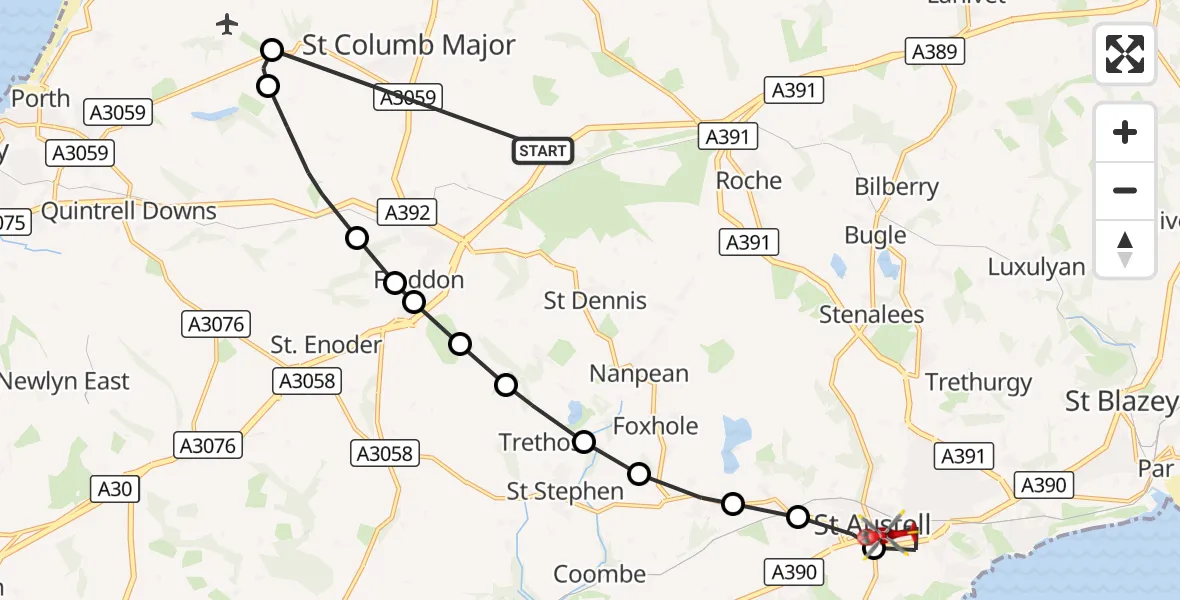 Flight route Air Ambulance Helicopter St. Columb Major - St. Austell, 21 October 2026, 17:09
