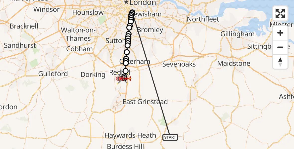 Flight route Air Ambulance Helicopter Buxted - Redhill Aerodrome, 21 October 2026, 17:10