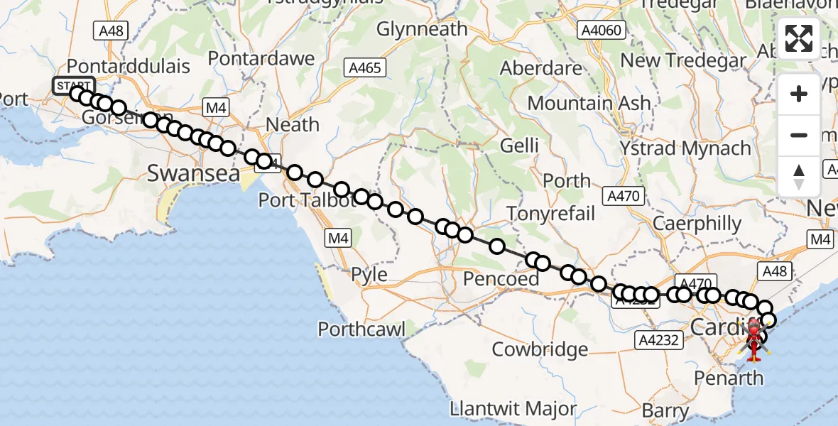Flight route Air Ambulance Helicopter Dafen - Cardiff Heliport, 21 October 2026, 17:17