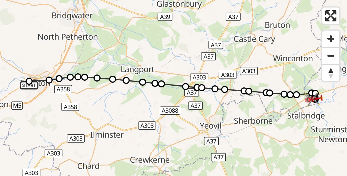 Flight route Air Ambulance Helicopter Musgrove Hospital - Henstridge Airfield, 21 October 2026, 17:18