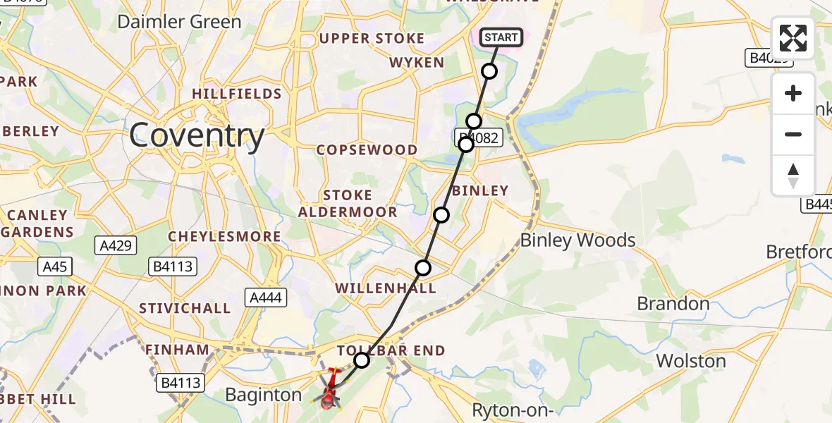Flight route Air Ambulance Helicopter University Hospital Coventry - Coventry Airport, 21 October 2026, 17:21