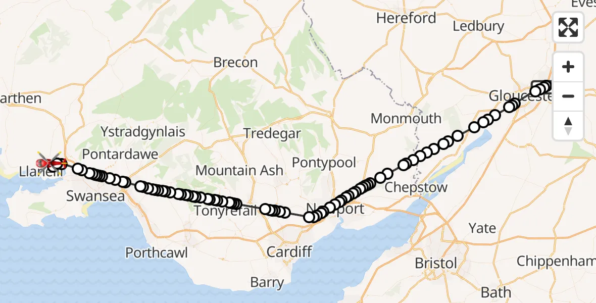 Flight route Air Ambulance Helicopter Gloucestershire Airport - Dafen, 21 October 2026, 17:56
