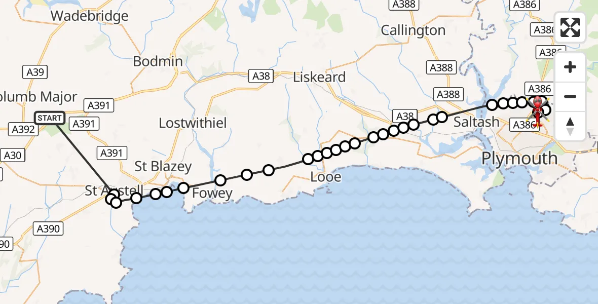 Flight route Air Ambulance Helicopter St. Columb Major - Derriford Hospital, 21 October 2026, 18:08