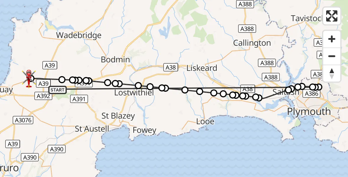 Flight route Air Ambulance Helicopter St. Columb Major - Cornwall Airport Newquay, 21 October 2026, 19:07