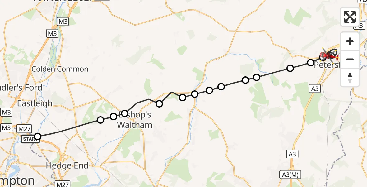 Flight route Air Ambulance Helicopter Southampton Airport - Petersfield, 21 October 2026, 19:09