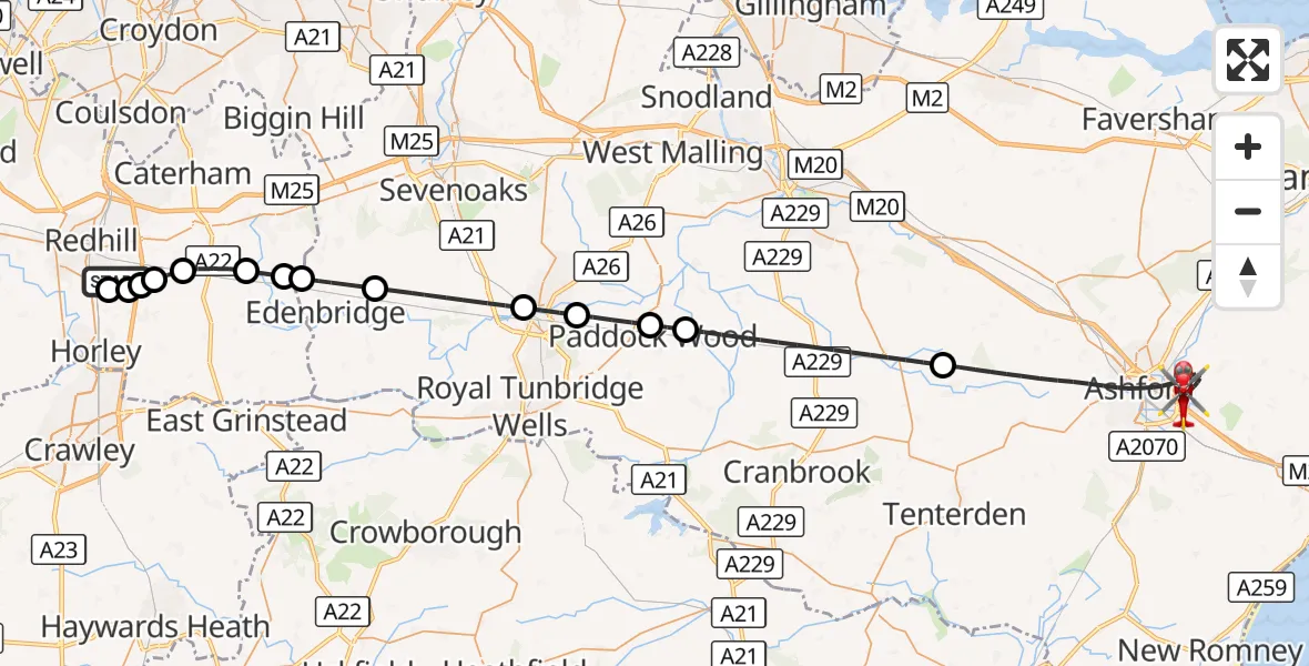 Flight route Air Ambulance Helicopter Redhill Aerodrome - Ashford, 21 October 2026, 19:47