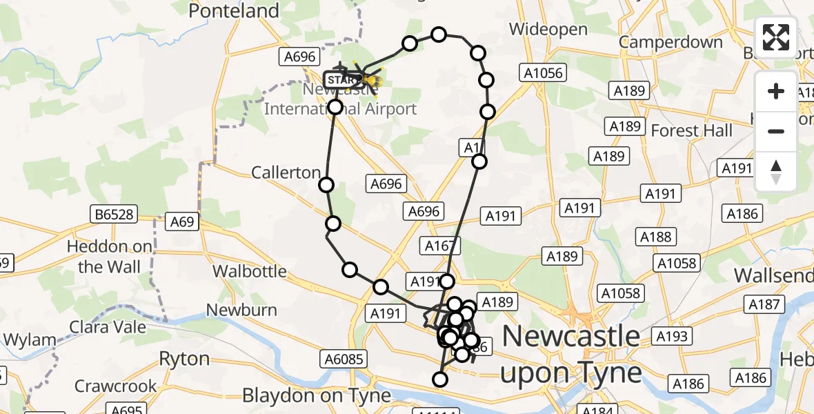 Flight route Police Helicopter Newcastle International Airport - Newcastle International Airport, 21 October 2026, 19:48