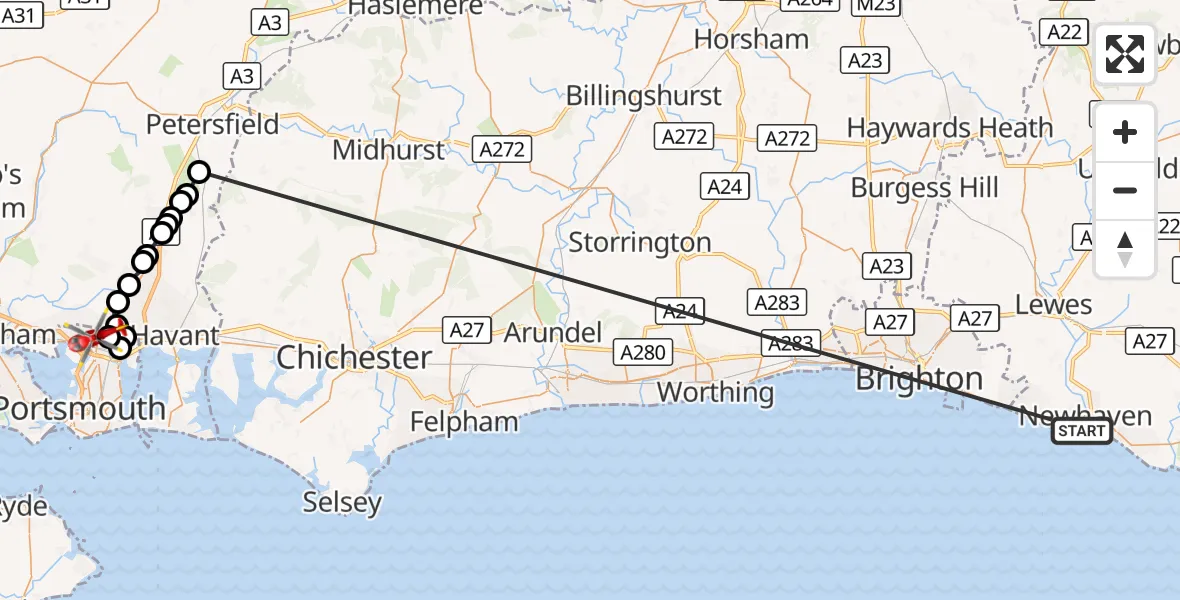 Flight route Air Ambulance Helicopter Newhaven - Queen Alexandra Hospital, 21 October 2026, 20:30