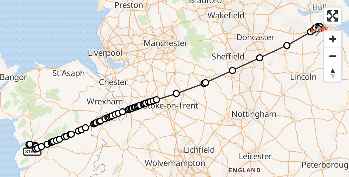 Flight route Coastguard Helicopter Llanfihangel-y-Pennant - Humberside Airport, 21 October 2026, 20:35