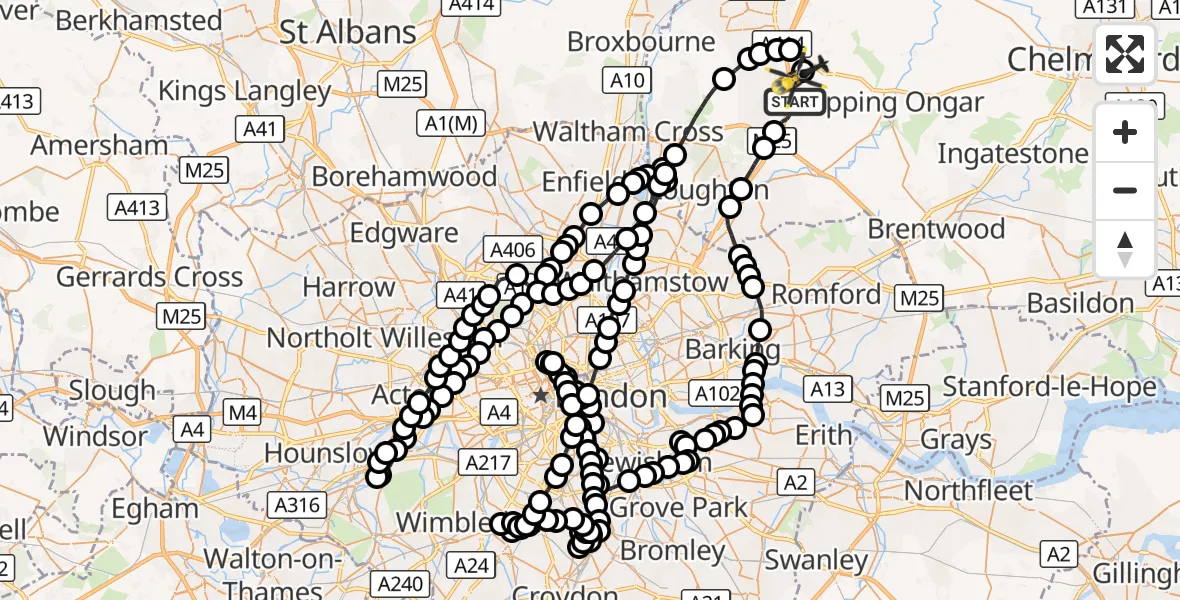 Flight route Police Helicopter Coopersale - North Weald Airfield, 21 October 2026, 21:04
