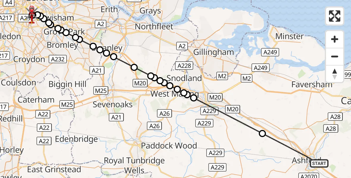 Flight route Air Ambulance Helicopter Ashford - Kings College London Hospital, 21 October 2026, 21:15