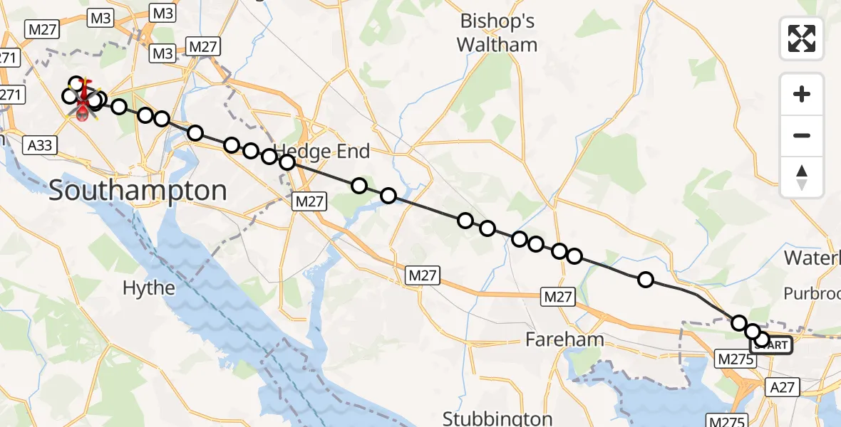 Flight route Air Ambulance Helicopter Queen Alexandra Hospital - University Hospital Southampton, 21 October 2026, 21:45