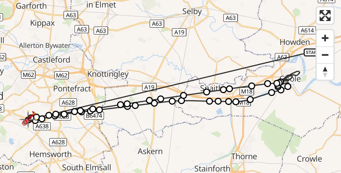 Flight route Air Ambulance Helicopter Balkholme - YAA Nostell Helicopter Port, 21 October 2026, 21:50