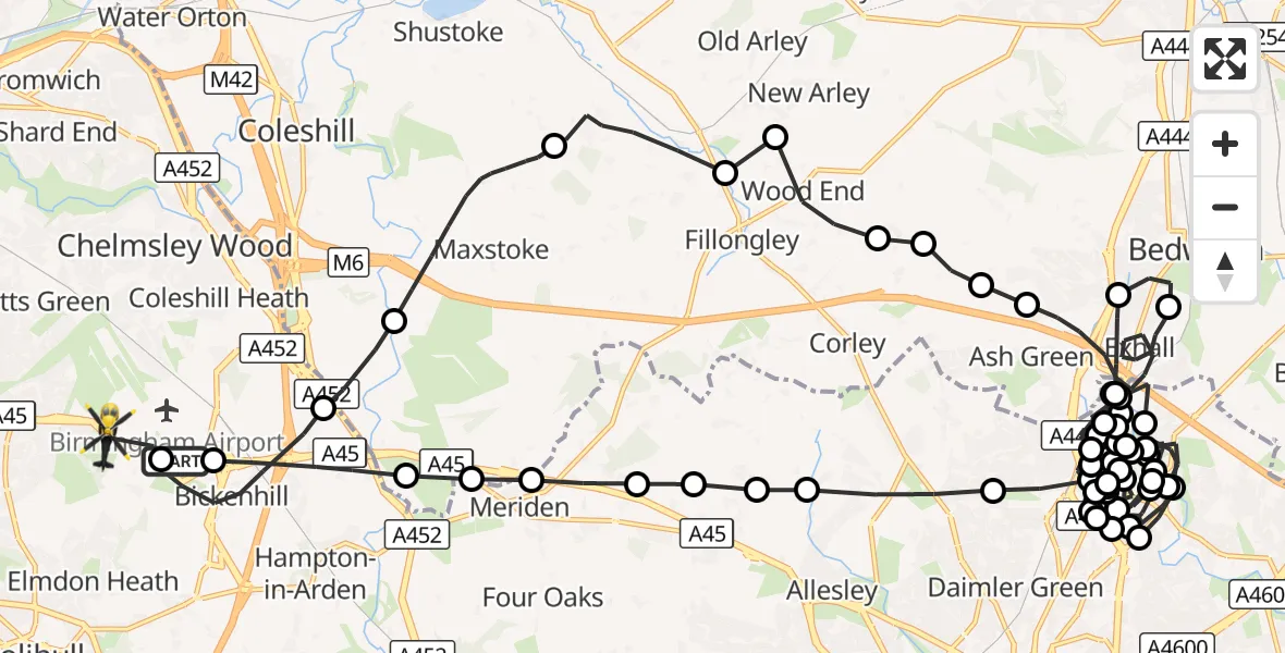 Flight route Police Helicopter Birmingham Airport - Solihull, 21 October 2026, 22:09
