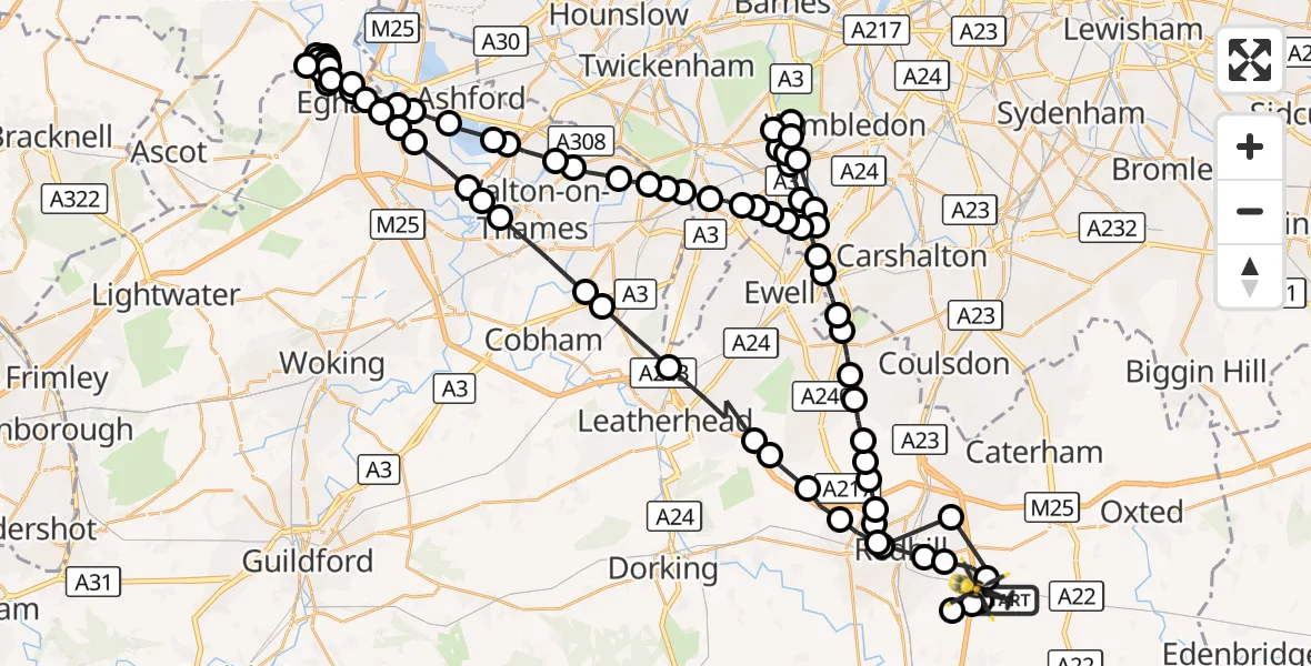 Flight route Police Helicopter Tandridge - Bletchingley, 21 October 2026, 22:16