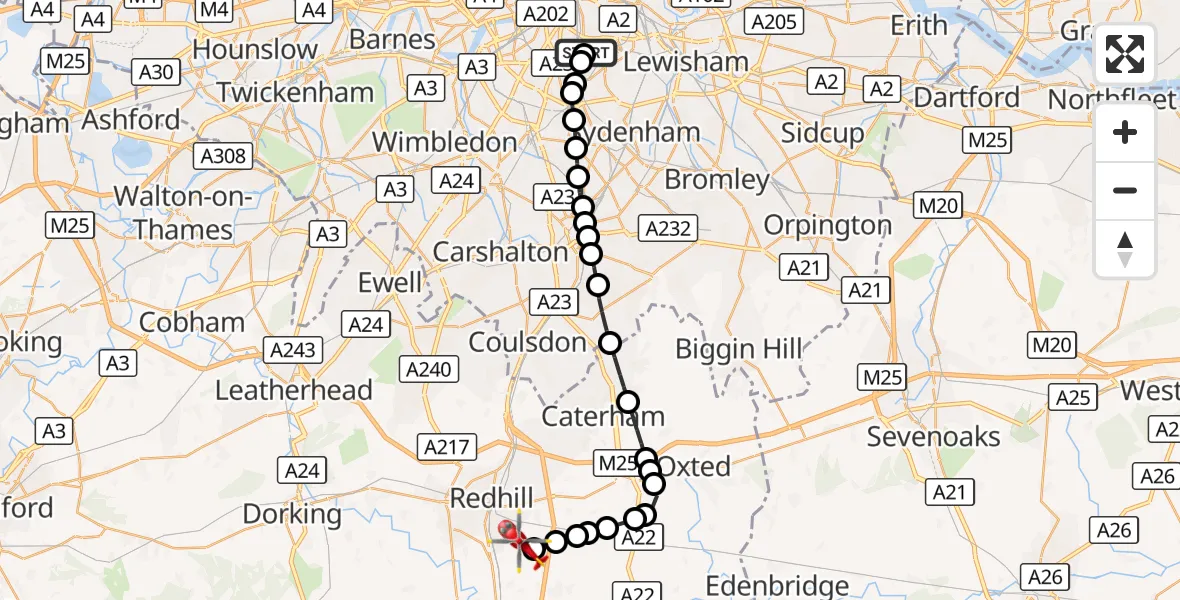 Flight route Air Ambulance Helicopter Kings College London Hospital - Redhill Aerodrome, 21 October 2026, 22:52