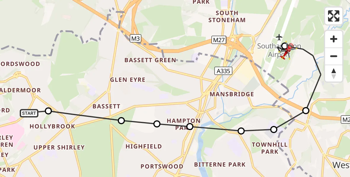 Flight route Air Ambulance Helicopter University Hospital Southampton - Southampton Airport, 21 October 2026, 23:11